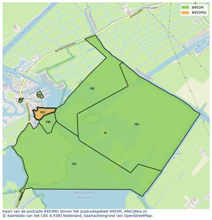 Afbeelding van het postcodegebied 8493 MG op de kaart.