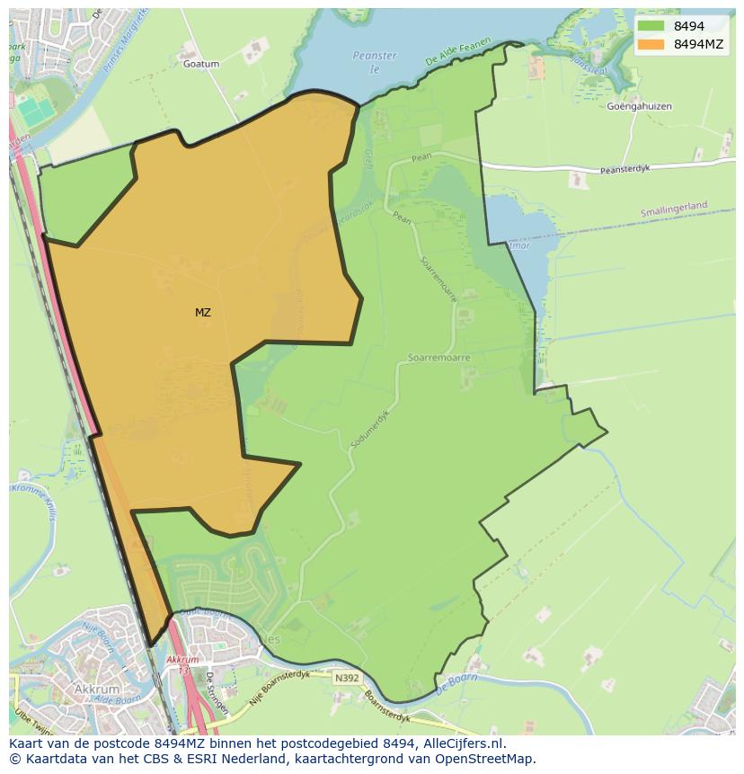 Afbeelding van het postcodegebied 8494 MZ op de kaart.