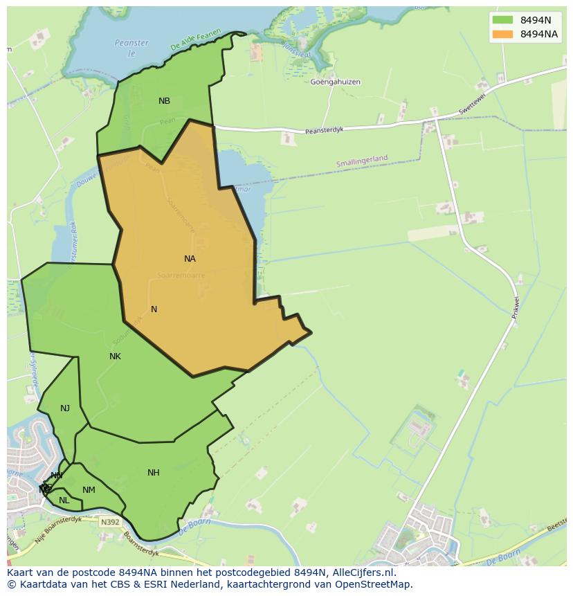 Afbeelding van het postcodegebied 8494 NA op de kaart.