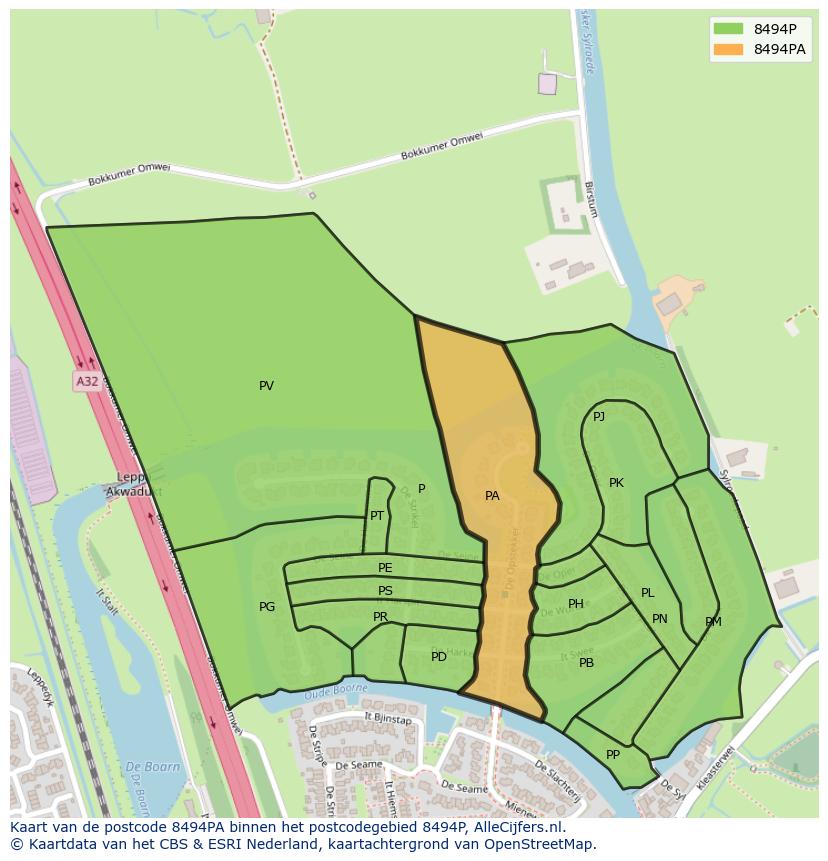 Afbeelding van het postcodegebied 8494 PA op de kaart.