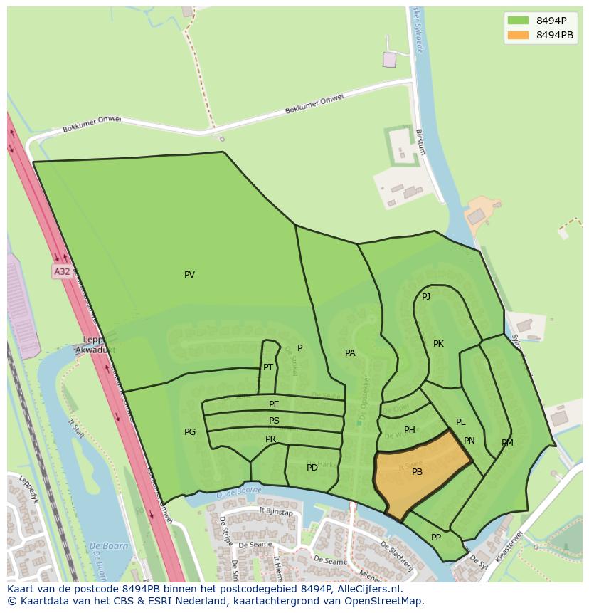 Afbeelding van het postcodegebied 8494 PB op de kaart.