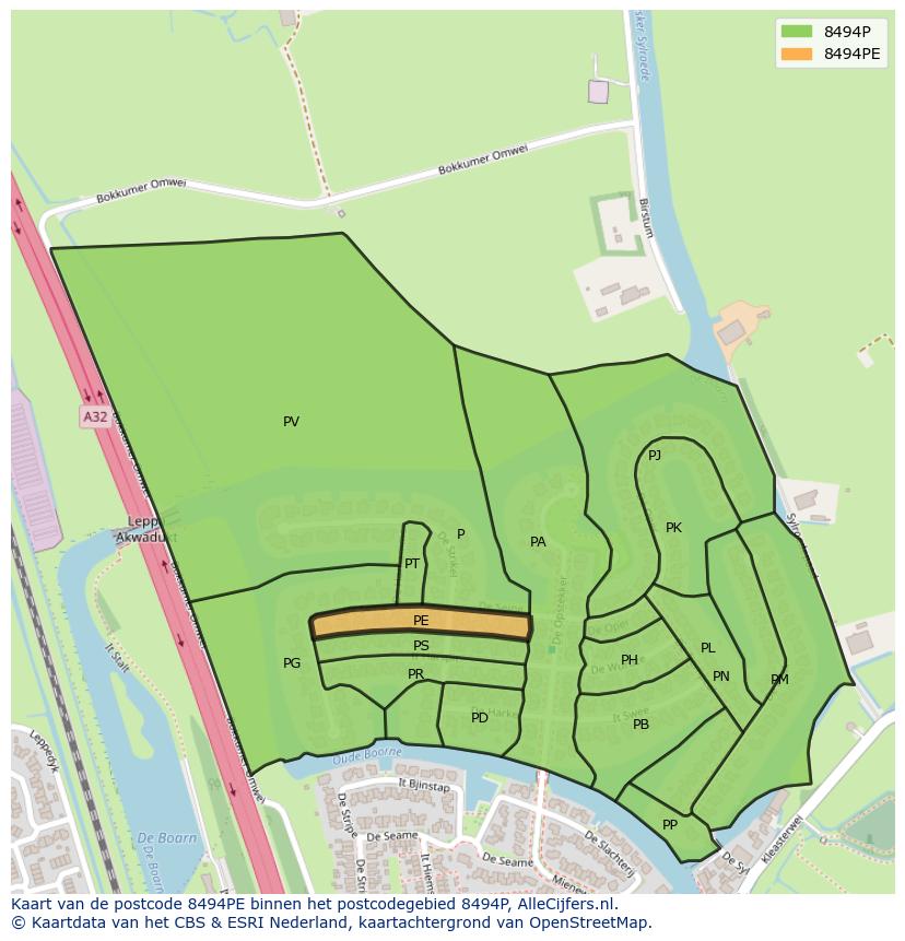 Afbeelding van het postcodegebied 8494 PE op de kaart.