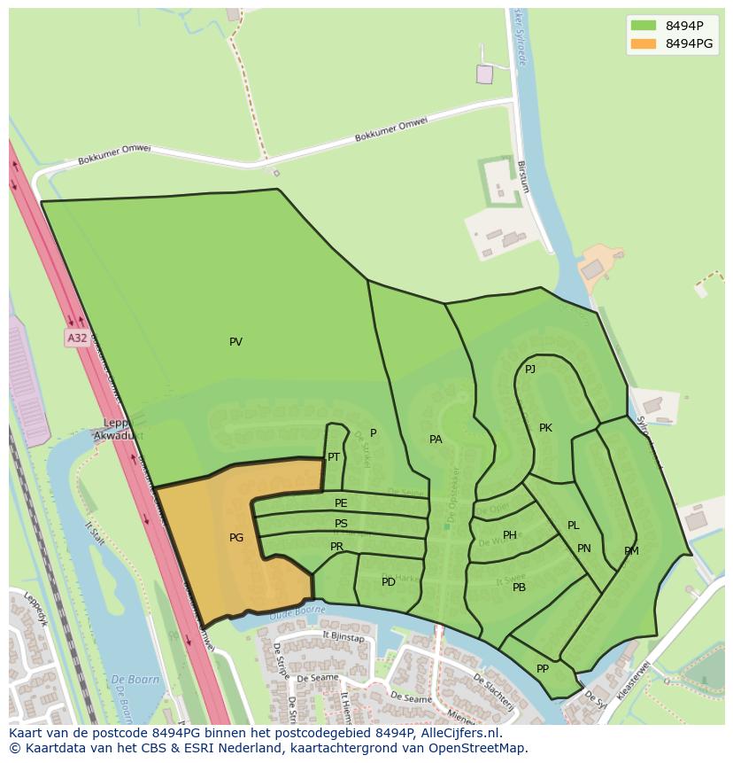Afbeelding van het postcodegebied 8494 PG op de kaart.
