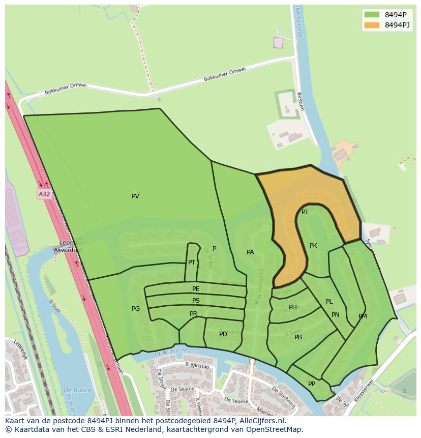 Afbeelding van het postcodegebied 8494 PJ op de kaart.