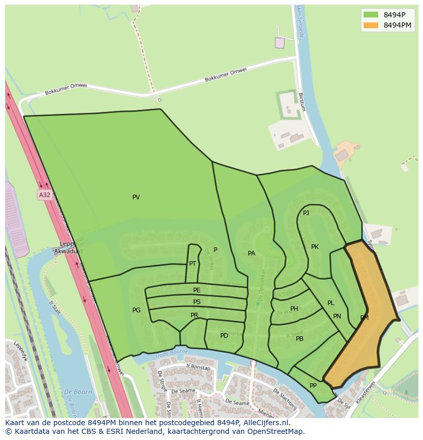 Afbeelding van het postcodegebied 8494 PM op de kaart.