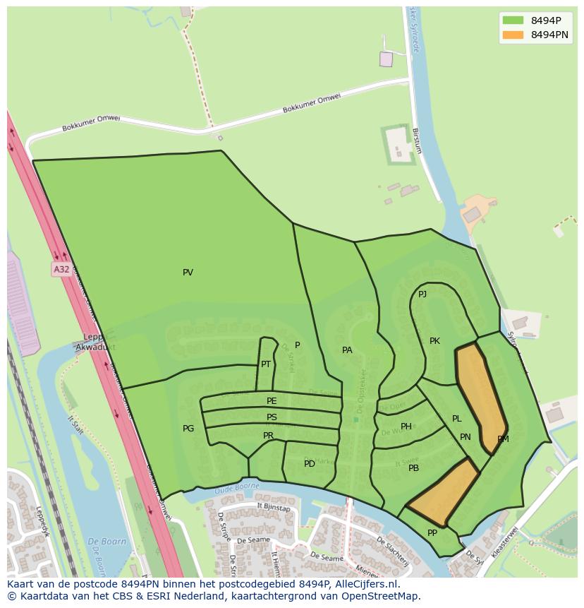 Afbeelding van het postcodegebied 8494 PN op de kaart.