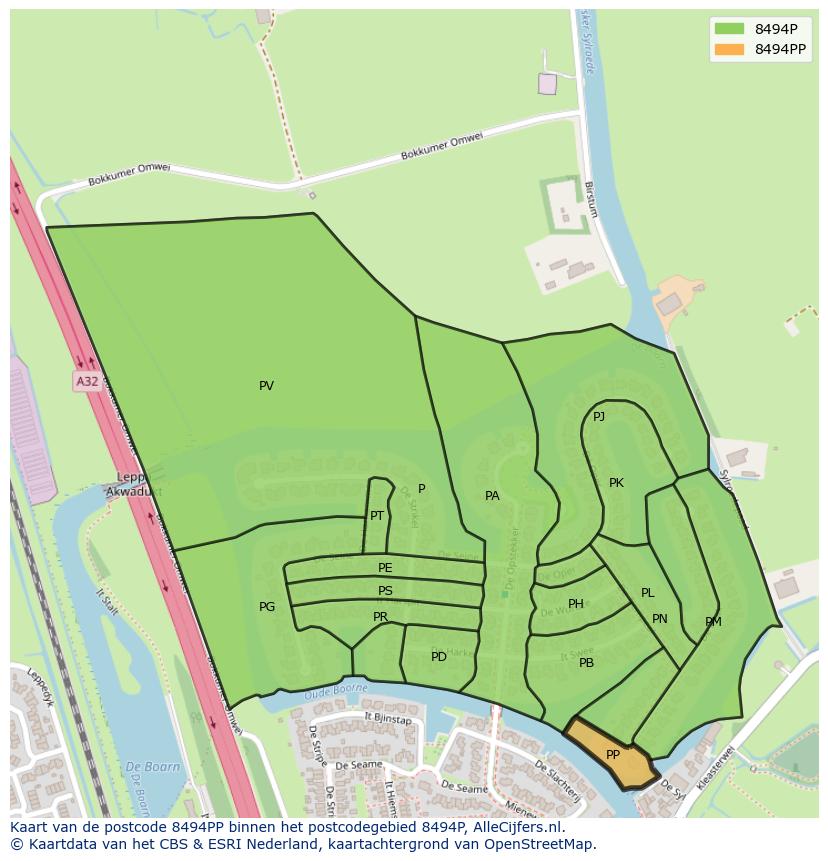 Afbeelding van het postcodegebied 8494 PP op de kaart.