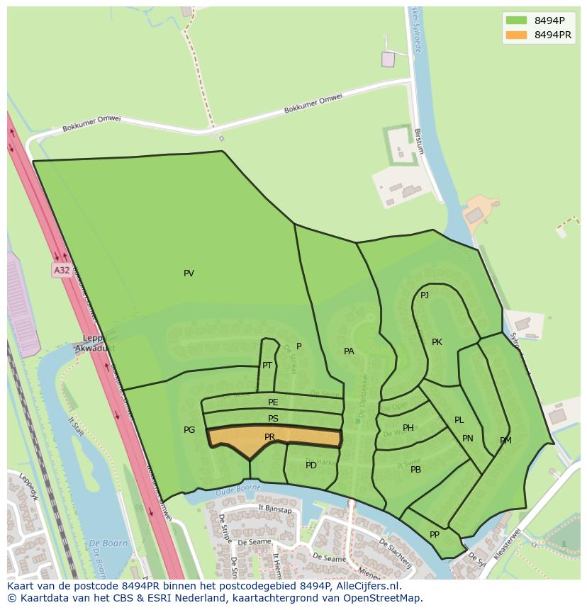 Afbeelding van het postcodegebied 8494 PR op de kaart.