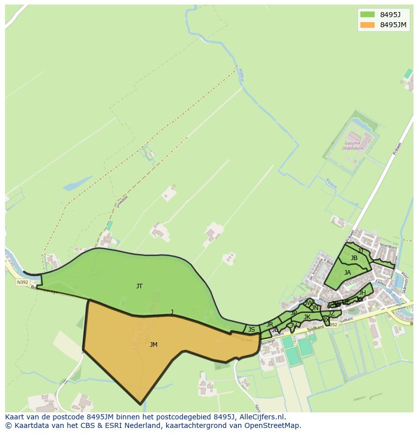 Afbeelding van het postcodegebied 8495 JM op de kaart.