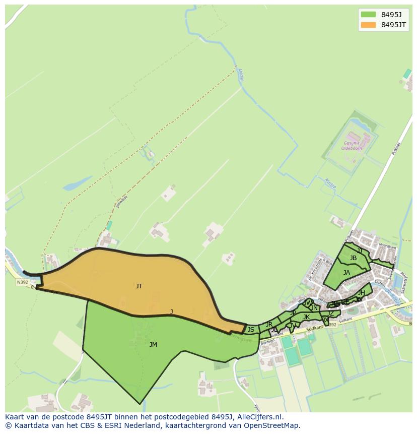 Afbeelding van het postcodegebied 8495 JT op de kaart.