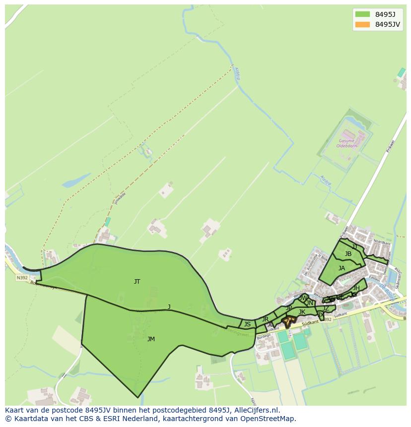 Afbeelding van het postcodegebied 8495 JV op de kaart.