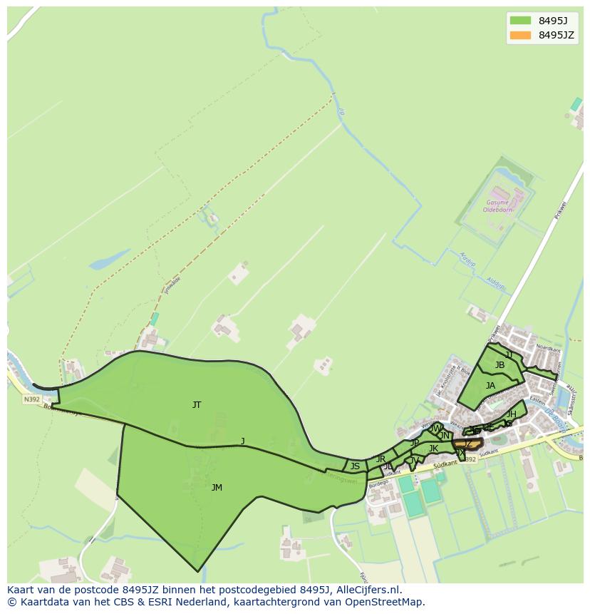 Afbeelding van het postcodegebied 8495 JZ op de kaart.