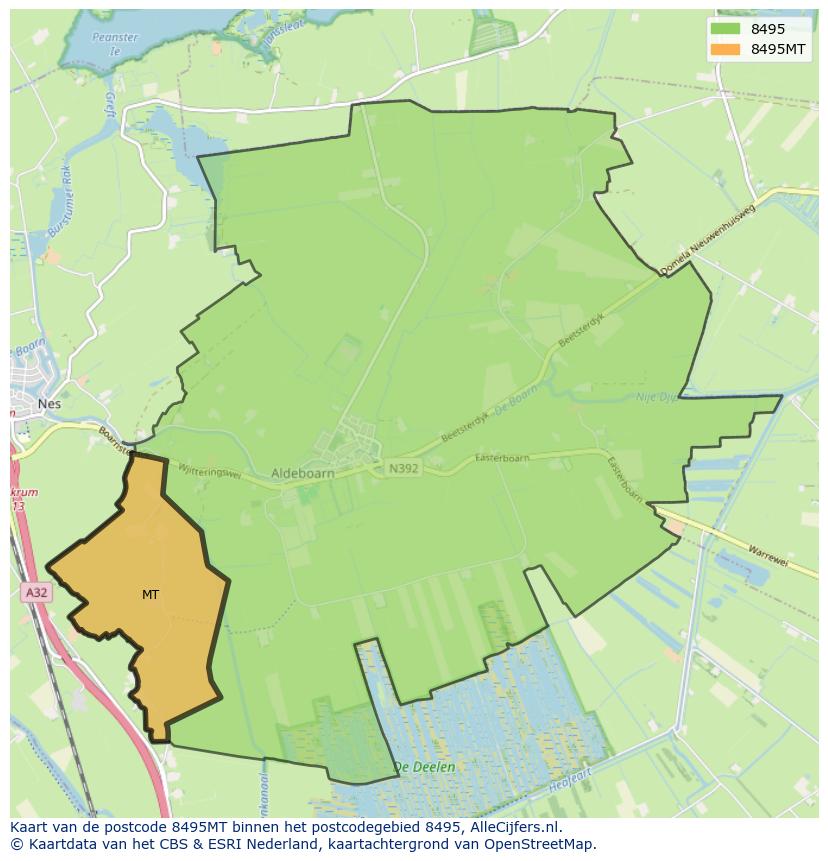 Afbeelding van het postcodegebied 8495 MT op de kaart.
