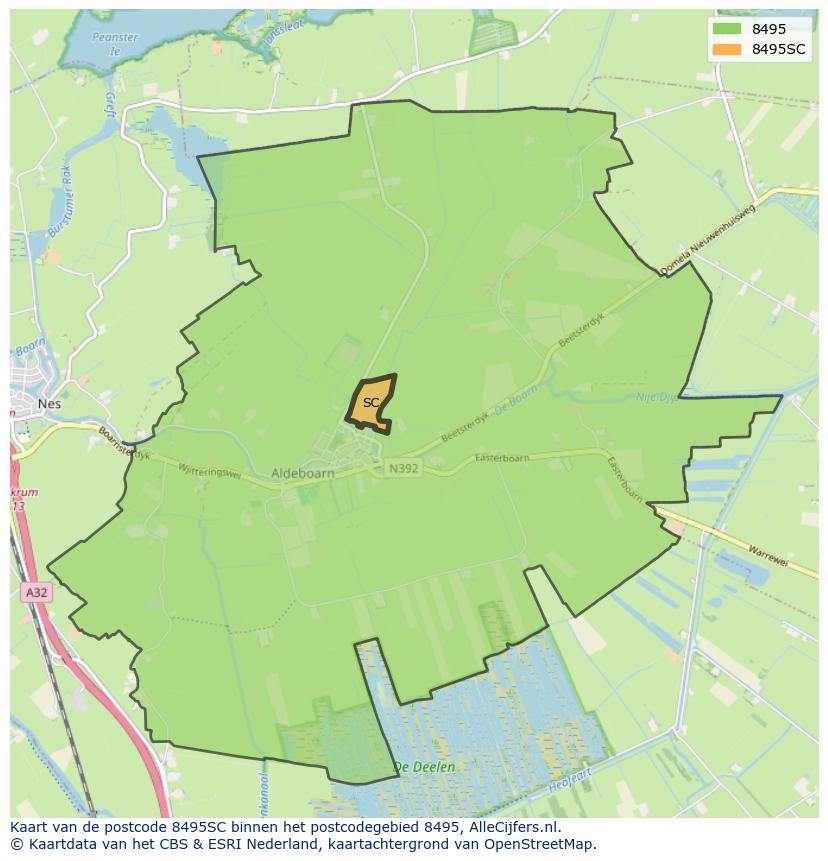 Afbeelding van het postcodegebied 8495 SC op de kaart.
