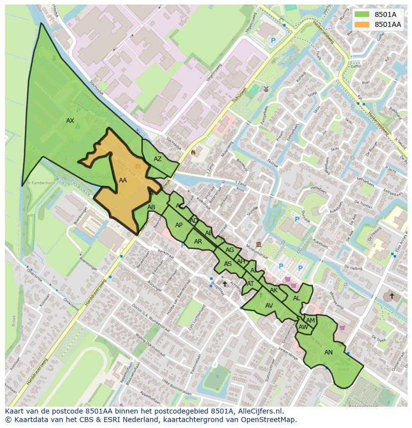 Afbeelding van het postcodegebied 8501 AA op de kaart.