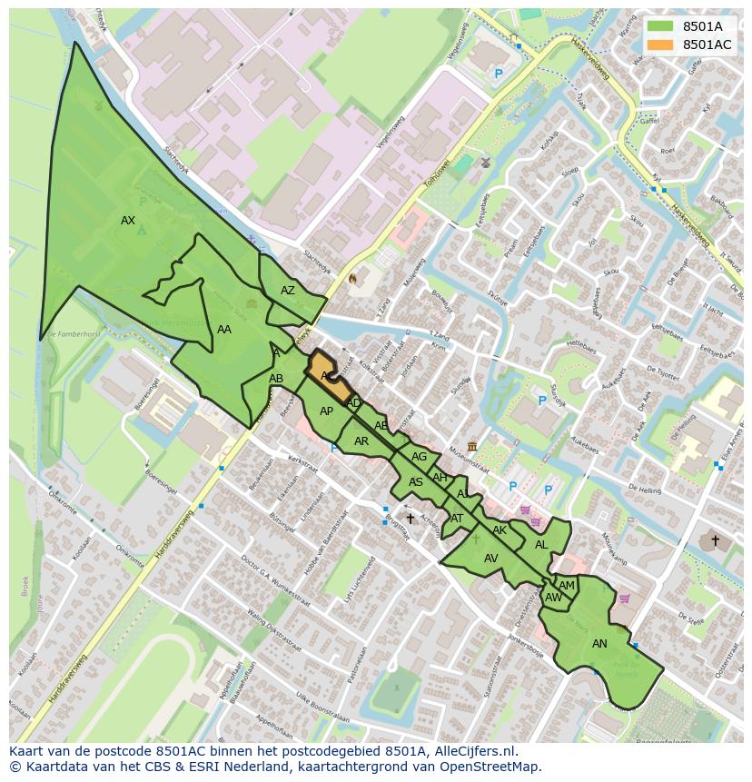 Afbeelding van het postcodegebied 8501 AC op de kaart.