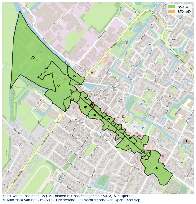 Afbeelding van het postcodegebied 8501 AD op de kaart.