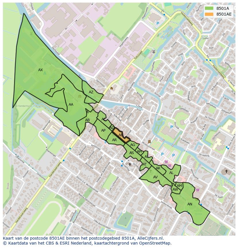 Afbeelding van het postcodegebied 8501 AE op de kaart.
