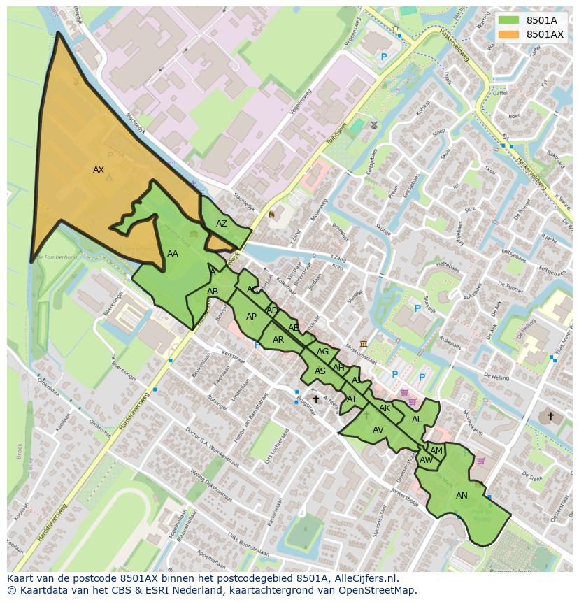 Afbeelding van het postcodegebied 8501 AX op de kaart.