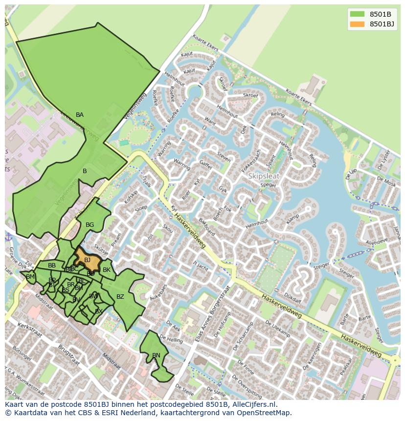 Afbeelding van het postcodegebied 8501 BJ op de kaart.