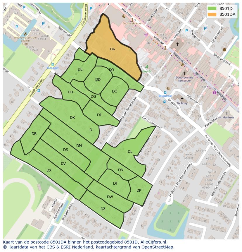 Afbeelding van het postcodegebied 8501 DA op de kaart.