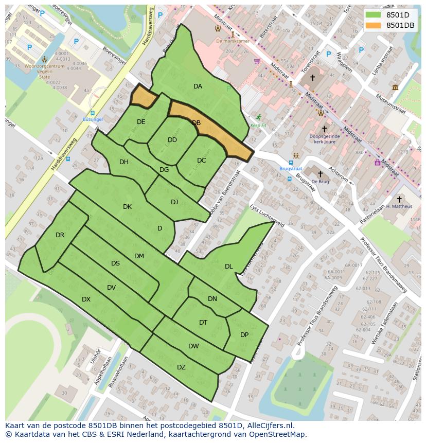 Afbeelding van het postcodegebied 8501 DB op de kaart.