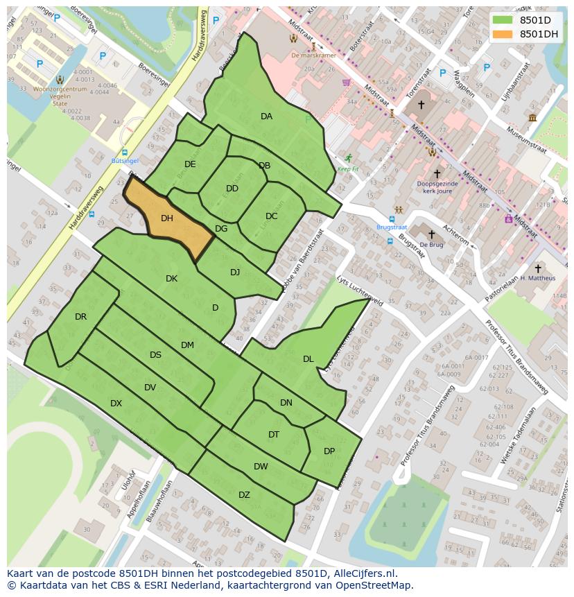 Afbeelding van het postcodegebied 8501 DH op de kaart.