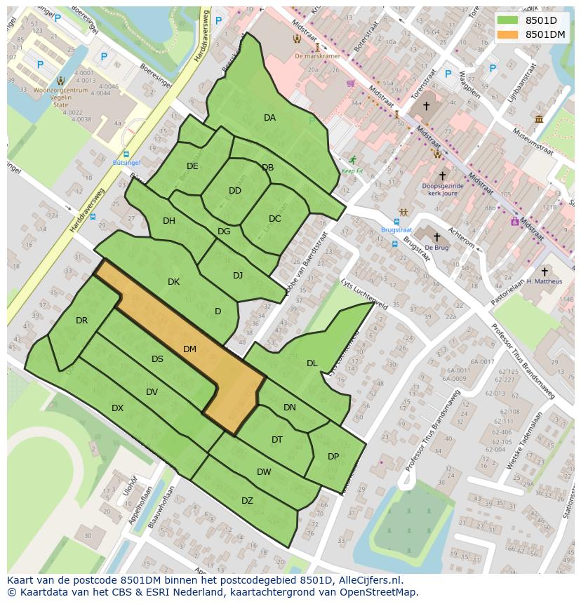 Afbeelding van het postcodegebied 8501 DM op de kaart.