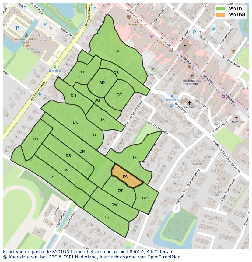 Afbeelding van het postcodegebied 8501 DN op de kaart.