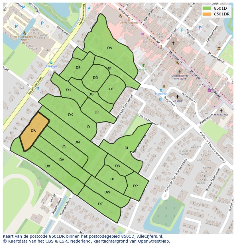 Afbeelding van het postcodegebied 8501 DR op de kaart.