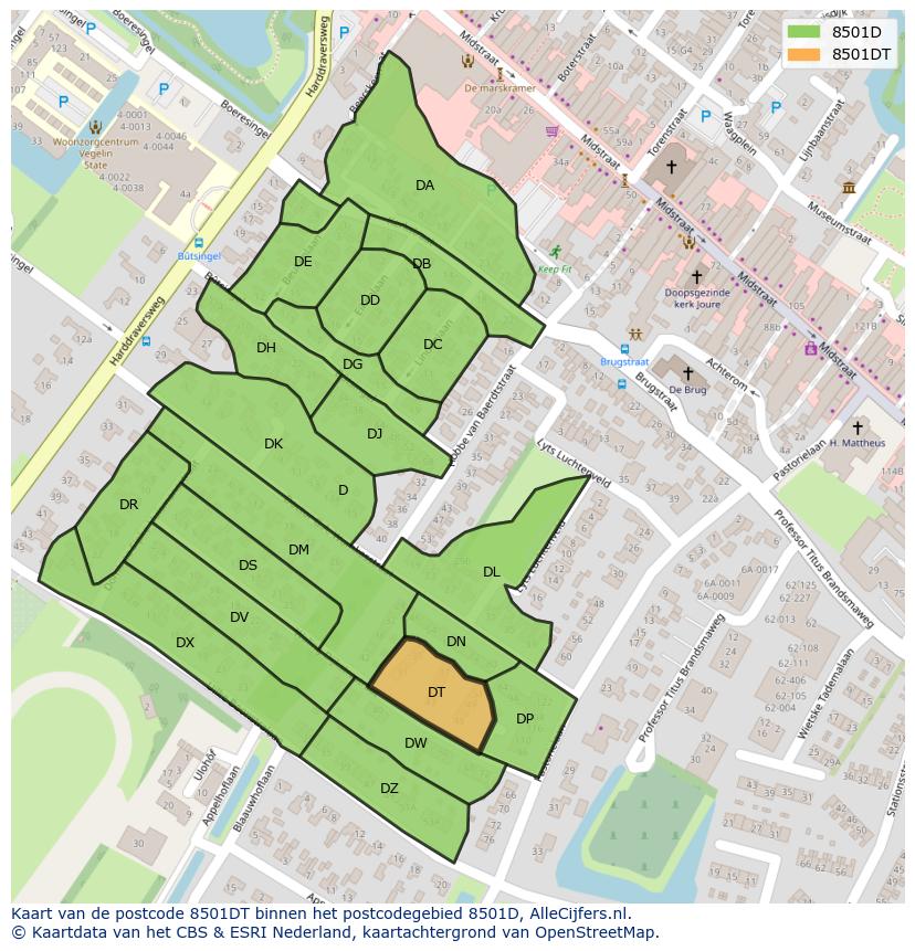 Afbeelding van het postcodegebied 8501 DT op de kaart.
