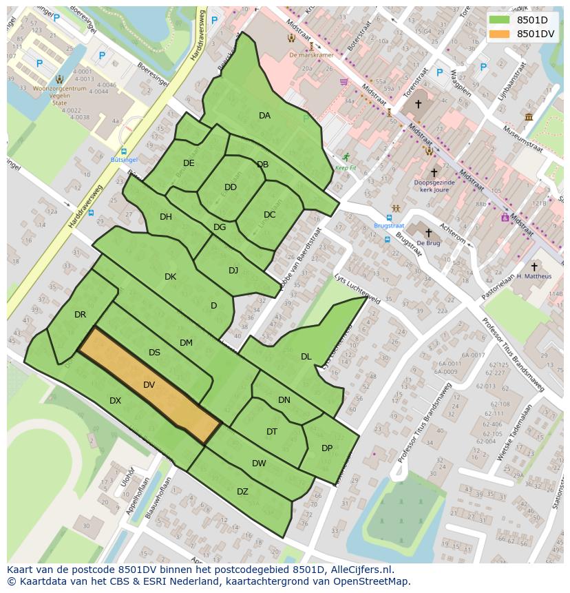 Afbeelding van het postcodegebied 8501 DV op de kaart.