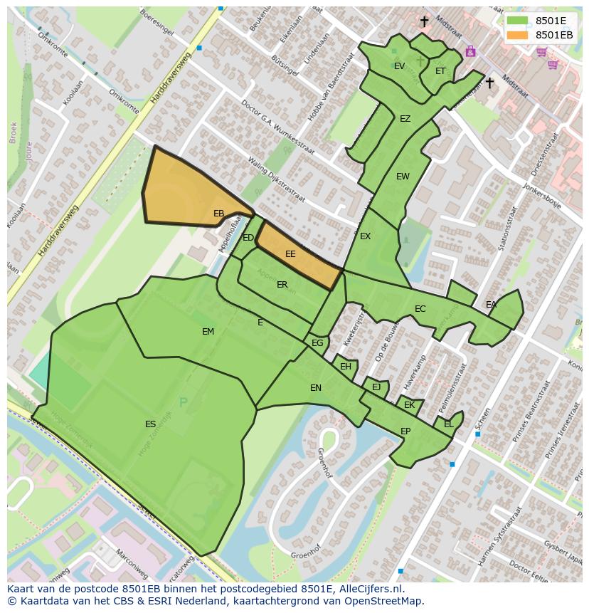 Afbeelding van het postcodegebied 8501 EB op de kaart.