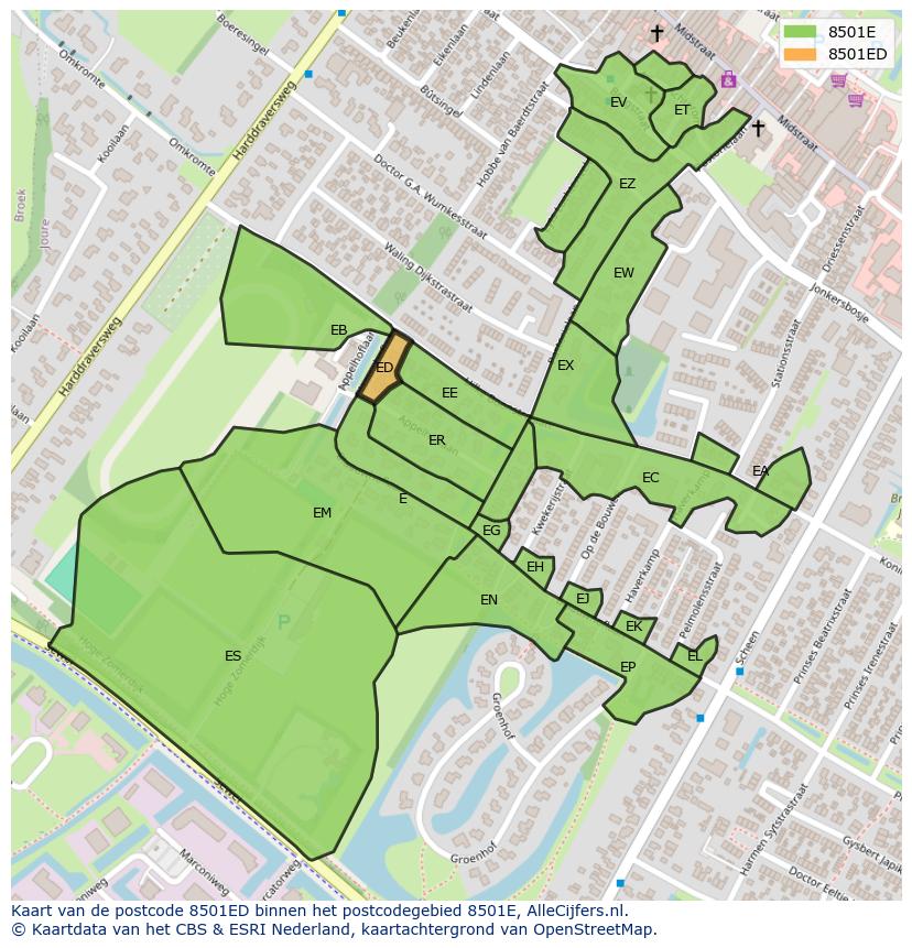 Afbeelding van het postcodegebied 8501 ED op de kaart.
