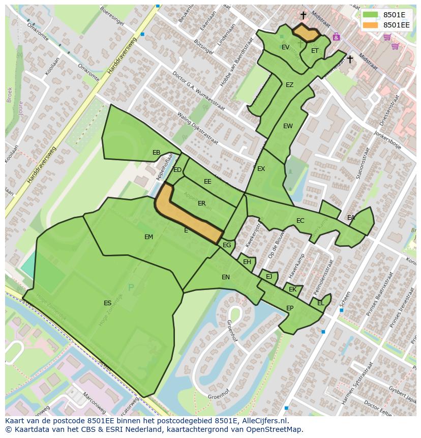 Afbeelding van het postcodegebied 8501 EE op de kaart.
