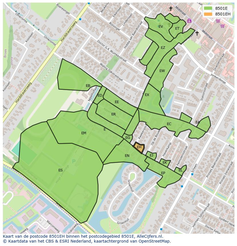 Afbeelding van het postcodegebied 8501 EH op de kaart.