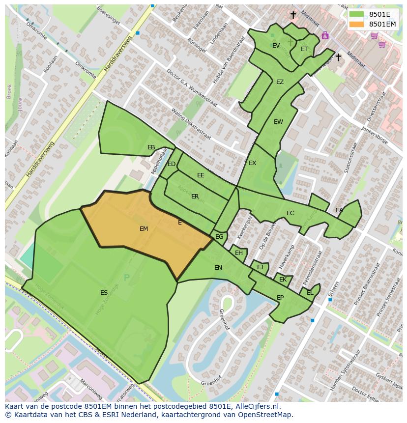 Afbeelding van het postcodegebied 8501 EM op de kaart.