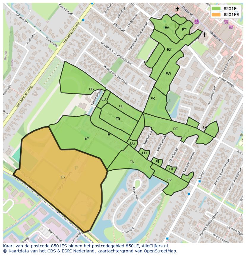 Afbeelding van het postcodegebied 8501 ES op de kaart.