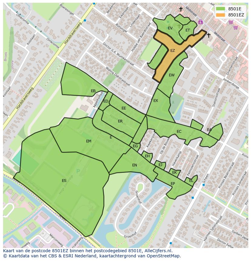 Afbeelding van het postcodegebied 8501 EZ op de kaart.