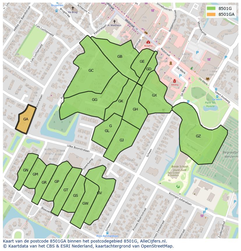 Afbeelding van het postcodegebied 8501 GA op de kaart.