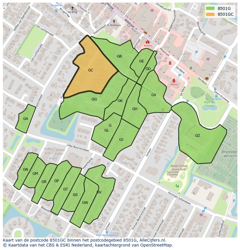 Afbeelding van het postcodegebied 8501 GC op de kaart.