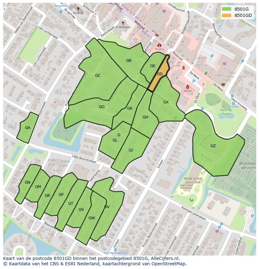 Afbeelding van het postcodegebied 8501 GD op de kaart.
