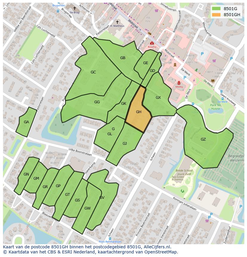 Afbeelding van het postcodegebied 8501 GH op de kaart.