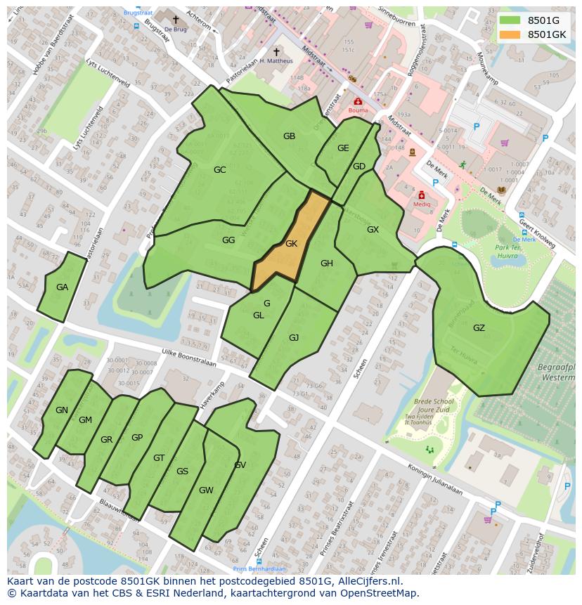 Afbeelding van het postcodegebied 8501 GK op de kaart.