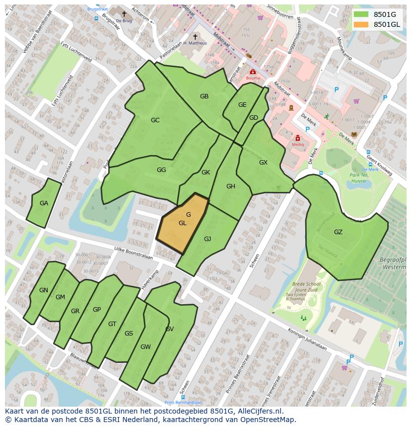 Afbeelding van het postcodegebied 8501 GL op de kaart.