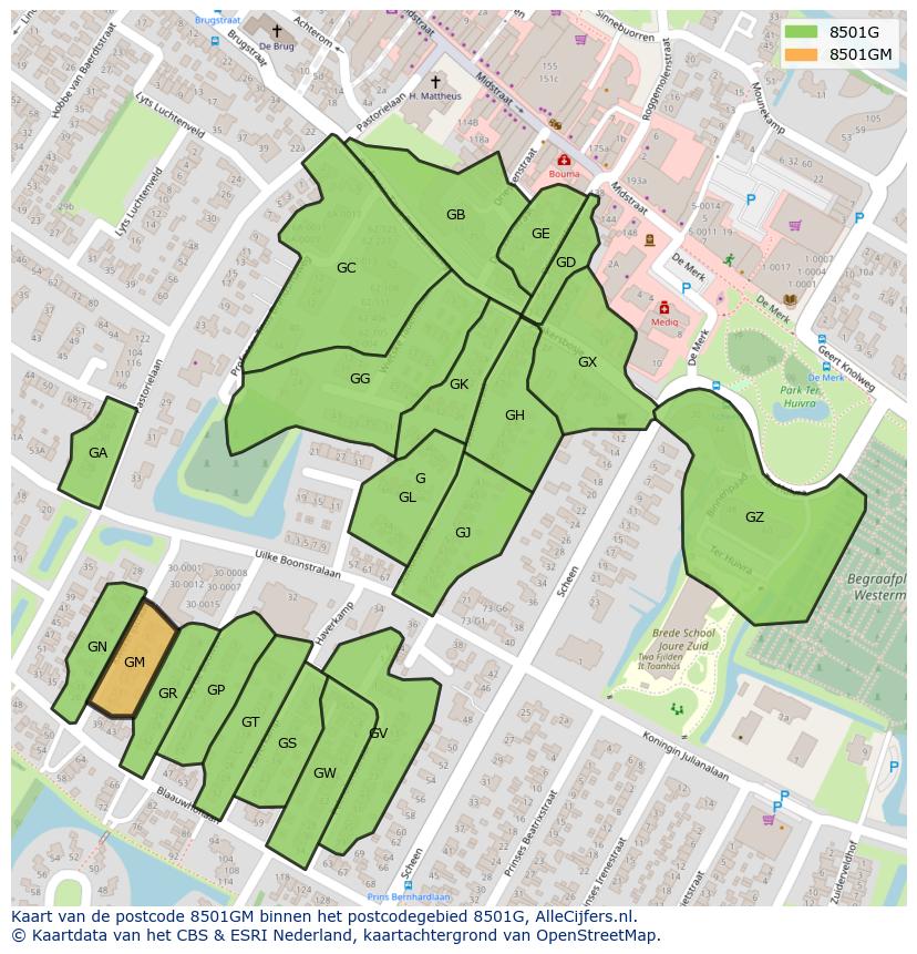Afbeelding van het postcodegebied 8501 GM op de kaart.