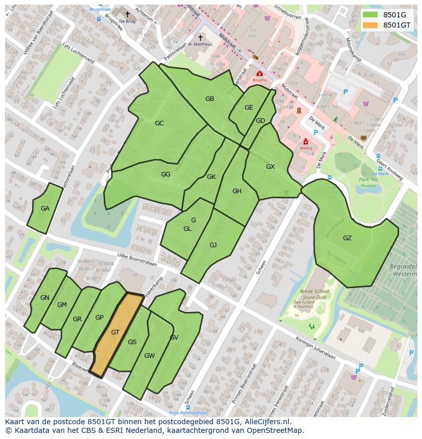 Afbeelding van het postcodegebied 8501 GT op de kaart.