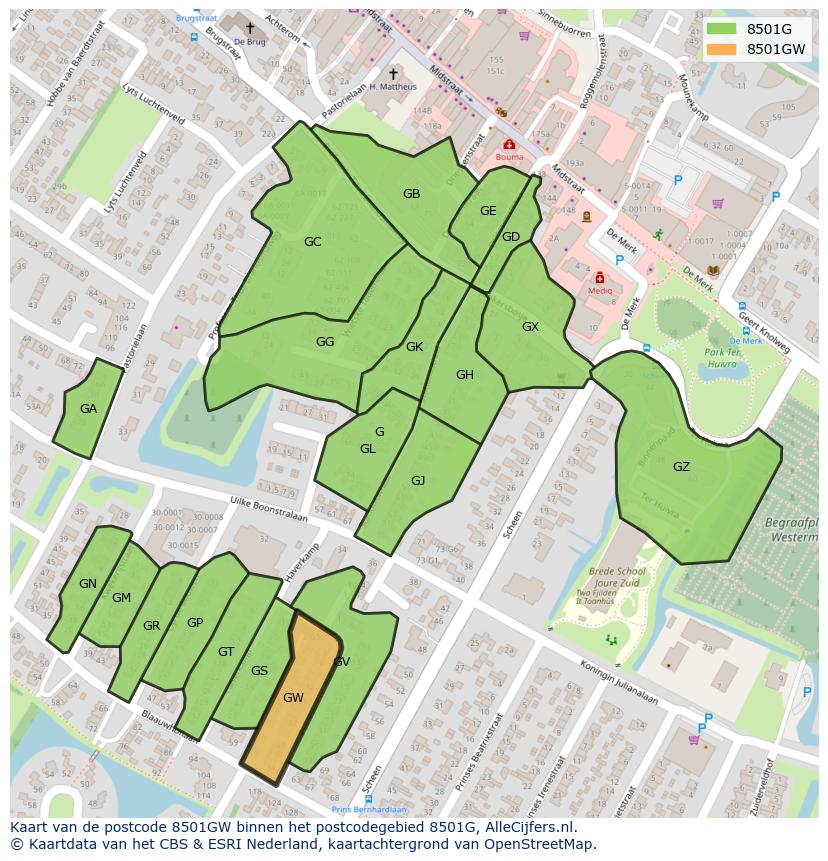 Afbeelding van het postcodegebied 8501 GW op de kaart.