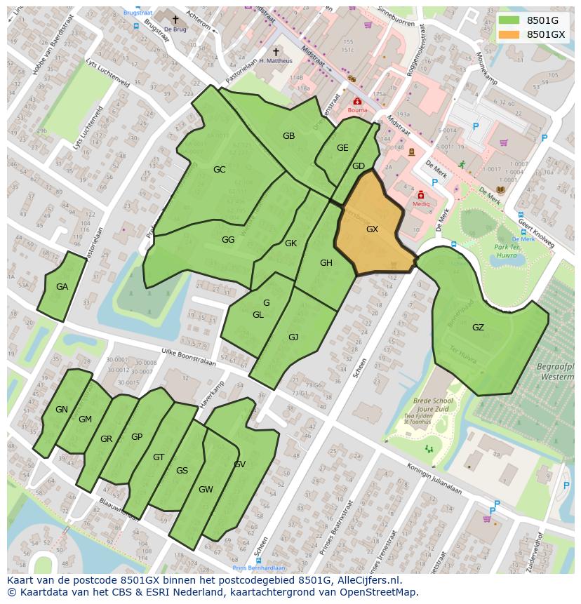 Afbeelding van het postcodegebied 8501 GX op de kaart.