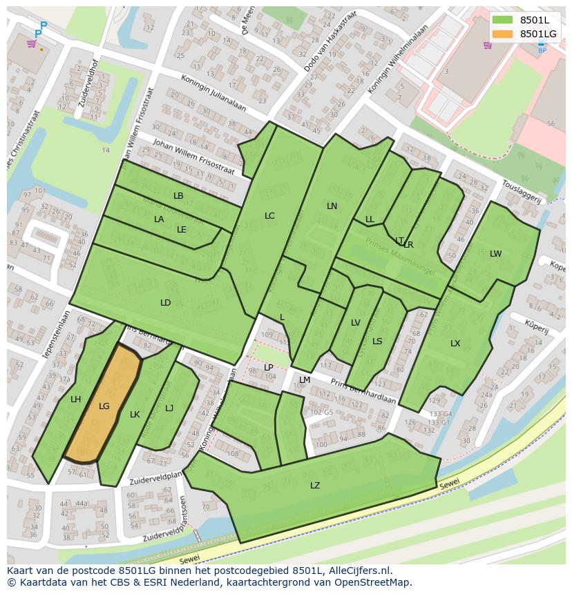 Afbeelding van het postcodegebied 8501 LG op de kaart.